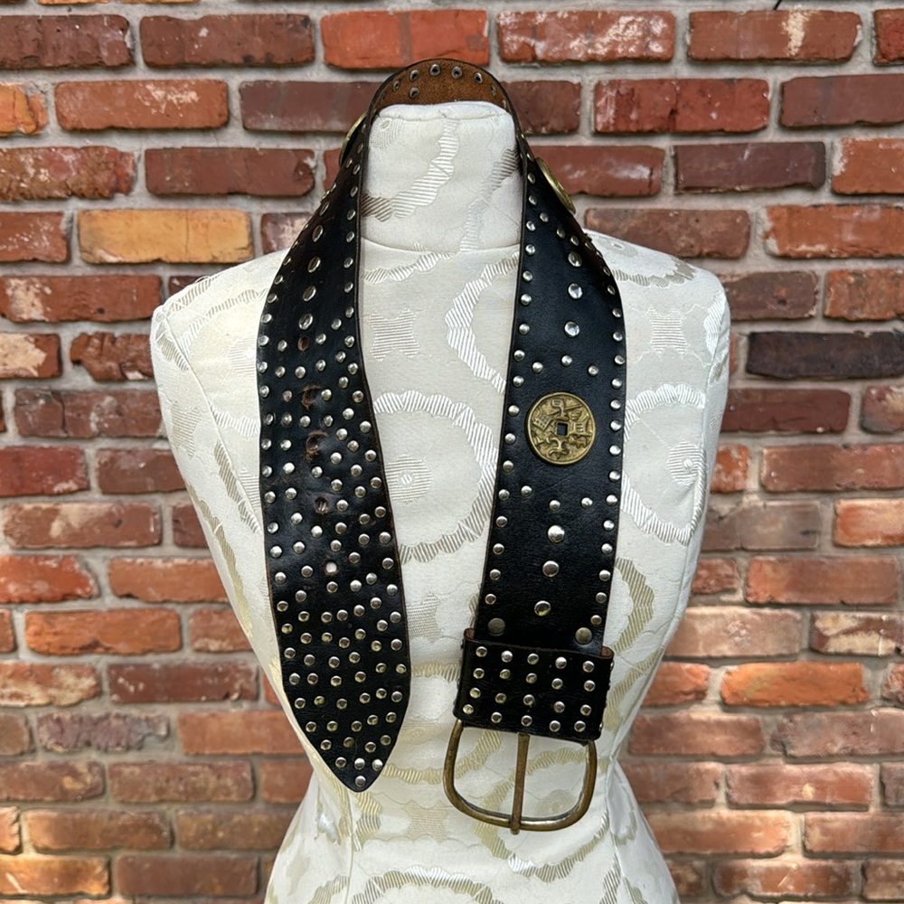 Leather Black Silvertone Studs Unique Brass Coins and Buckle Edgy Belt 34”